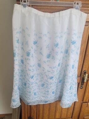 Indigo White A-Line Skirt with Light Blue Floral Print / Silk